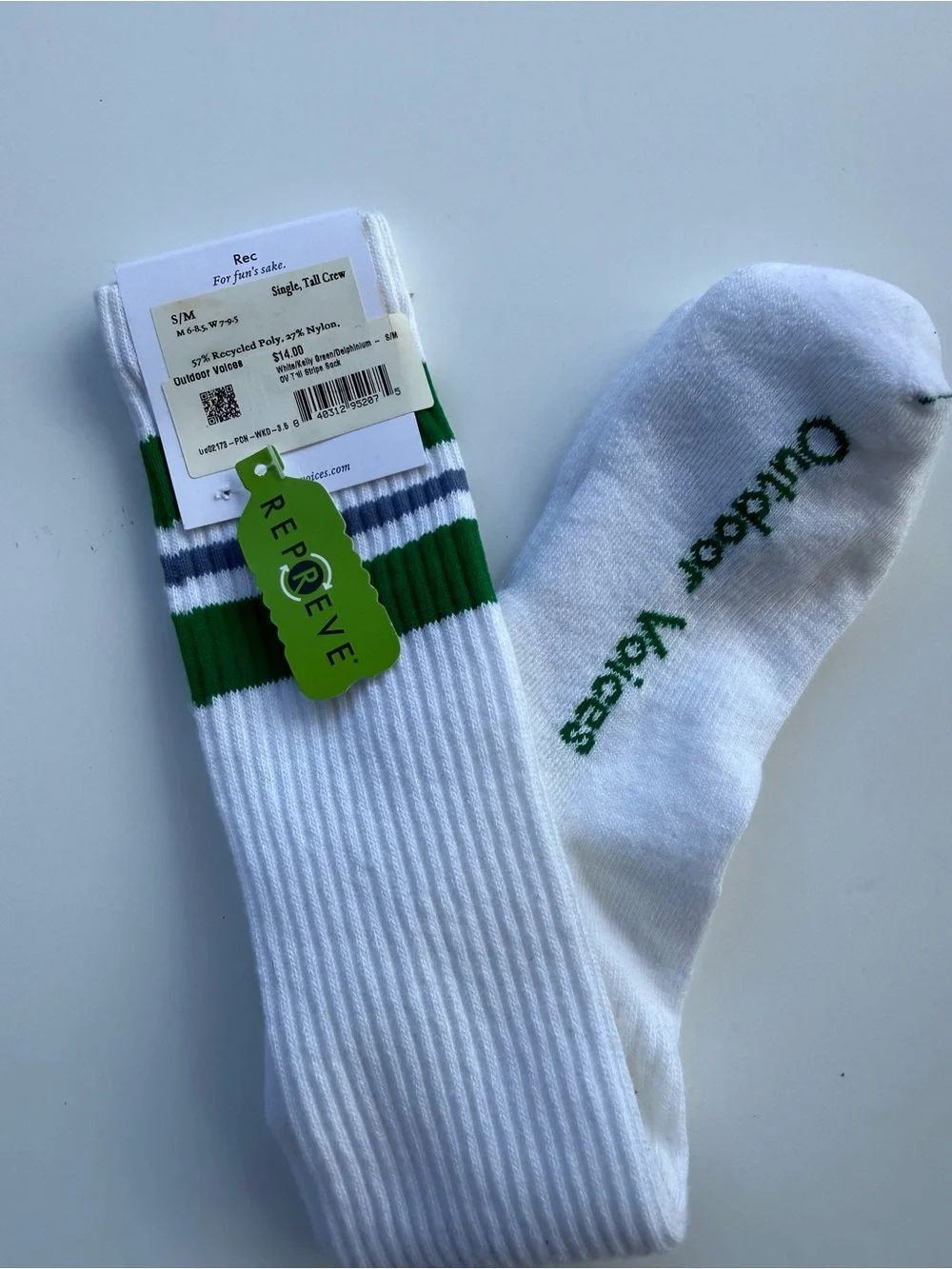 Outdoor Voices White Crew Socks with Green Stripes and Logo